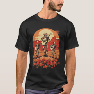 Skeleton Caballeros Mexican Cow Mariachi Band T-Shirt