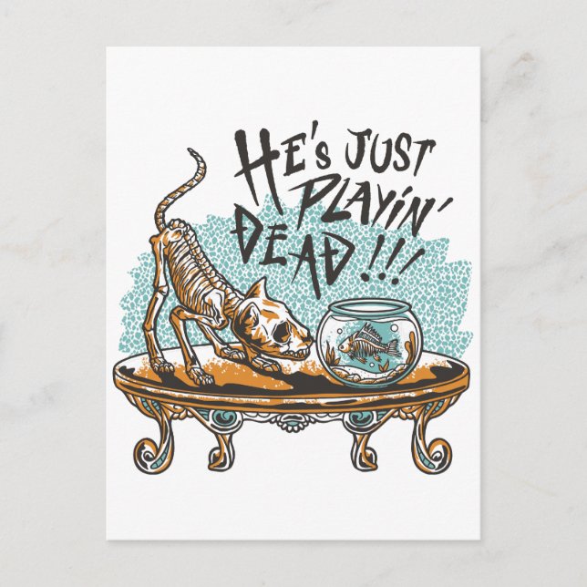 Skeleton Cat and Fish Playing Dead Postcard (Front)