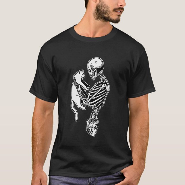 Skeleton Cat Lover Blackwork T-Shirt (Front)