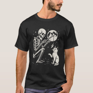 Skeleton Cat Moon Night Halloween Funny Cute Men W T-Shirt