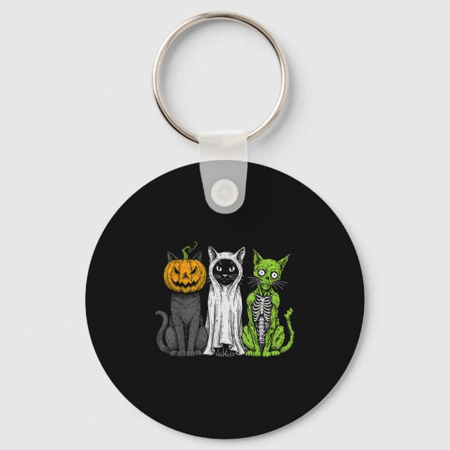 Skeleton Cat Pumpkin Ghost Halloween Kitty Meow Gi Key Ring (Front)