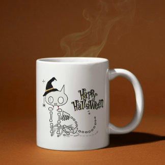 Skeleton Cat & Spooky Spiders Halloween Coffee Mug