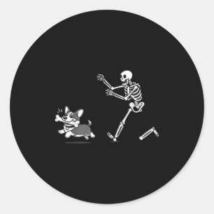 Skeleton Chasing Corgi Halloween Vibe Corgi Dog Lo Classic Round Sticker