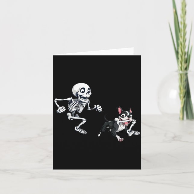 Skeleton Chasing Dog Boston Terrier Halloween Pet Card (Front)