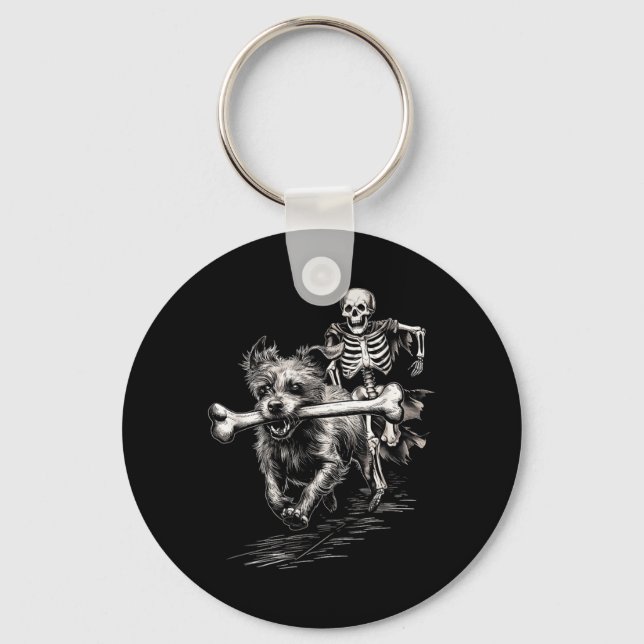 Skeleton Chasing Dog Funny Halloween Missing Bone Key Ring (Front)