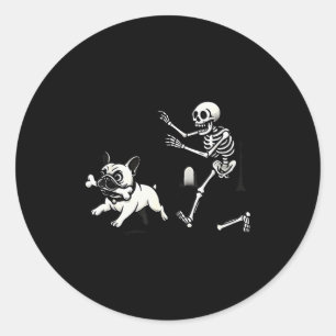Skeleton Chasing French Bulldog Biting Leg Bone Ha Classic Round Sticker