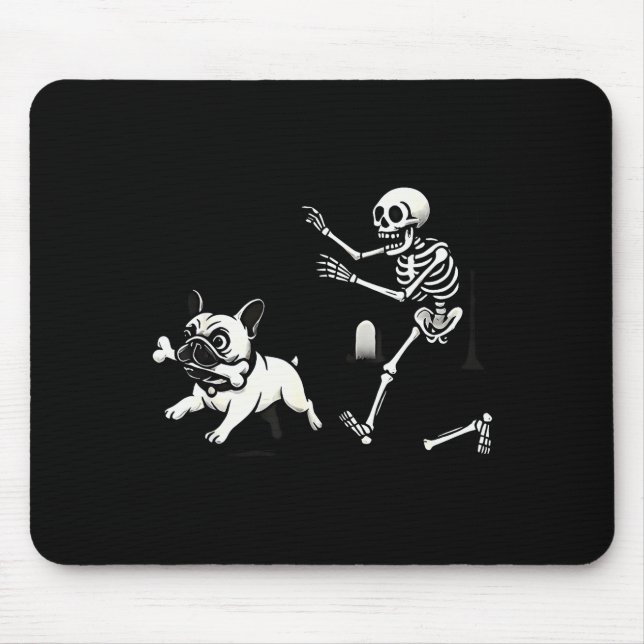 Skeleton Chasing French Bulldog Biting Leg Bone Ha Mouse Pad (Front)