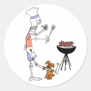 Skeleton Chef Grilling BBQ and Dog Gnawing on Bone Classic Round Sticker