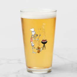 Skeleton Chef Grilling BBQ and Dog Gnawing on Bone Glass