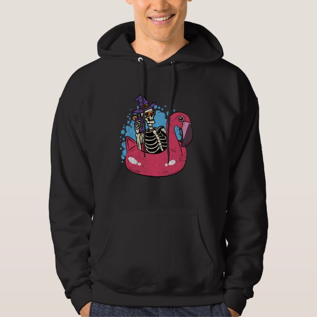 Skeleton Chillin Flamingo Halloween Funny Witch Bo Hoodie (Front)