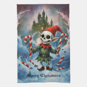 Skeleton Christmas Elf – Creepy Cute Dark Holiday  Tea Towel