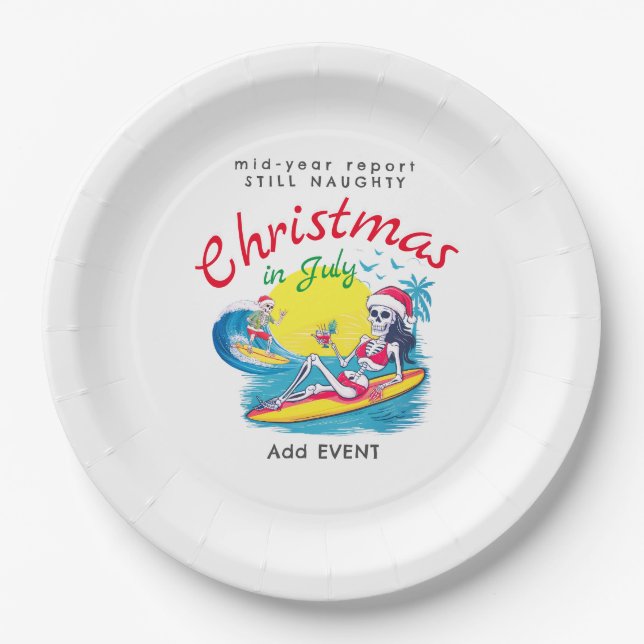 Skeleton Christmas in July Beach Surf Naughty Paper Plate (Front)