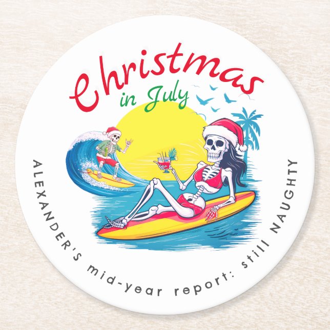 Skeleton Christmas in July Beach Surf Naughty Round Paper Coaster (Front)