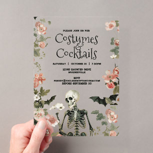 Skeleton Costumes Cocktails Floral Halloween Party Acrylic Invitations