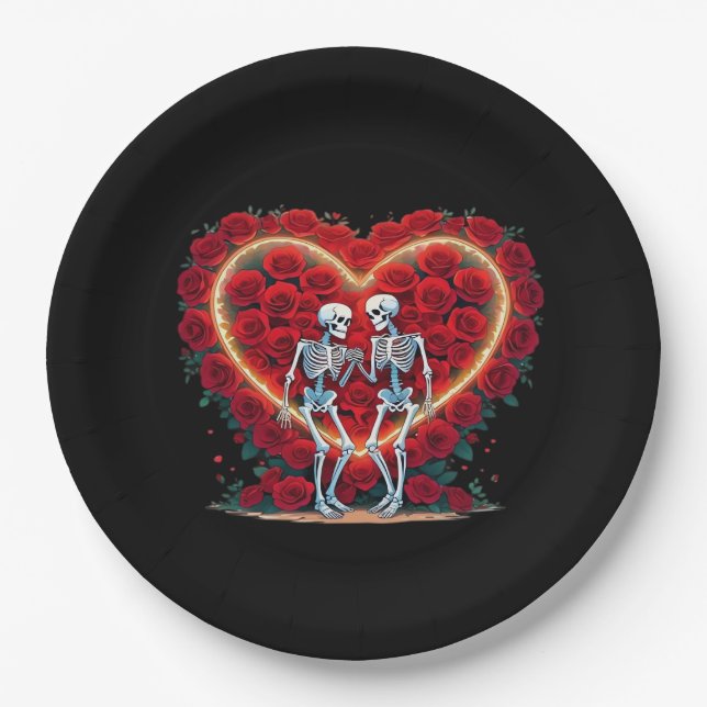 Skeleton Couple Holding Hands Inside A Heart Of Ro Paper Plate (Front)