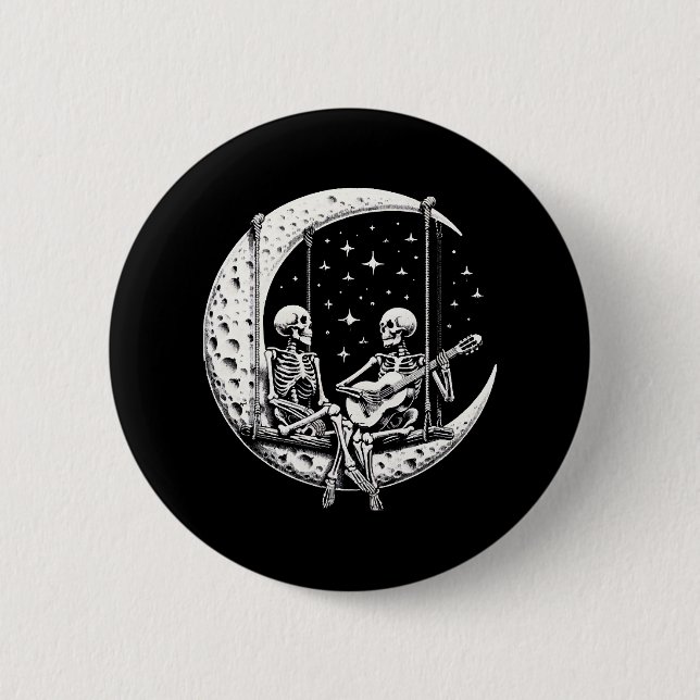 Skeleton Couple Moon Guitar 6 Cm Round Badge (Front)