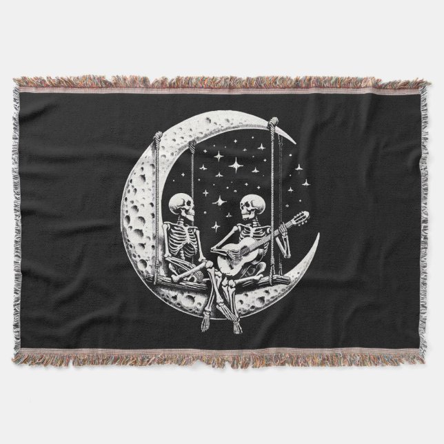 Skeleton Couple Moon Guitar Throw Blanket (Front)