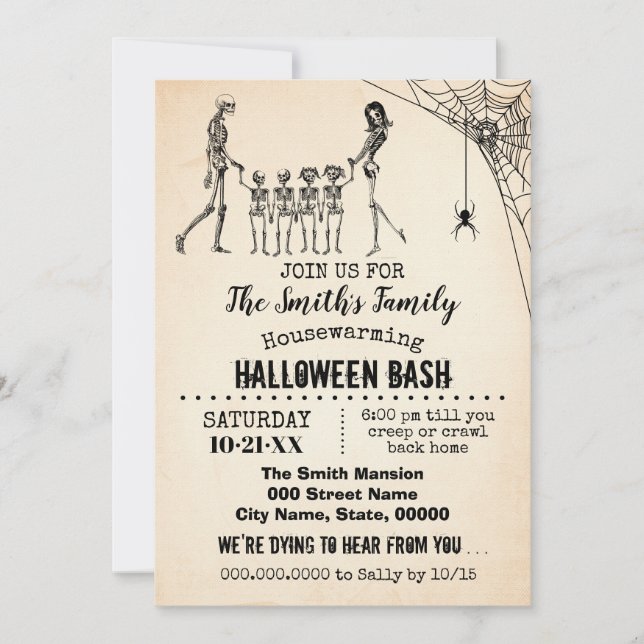 Skeleton Couple w 4 kids Housewarming Halloween Invitation (Front)