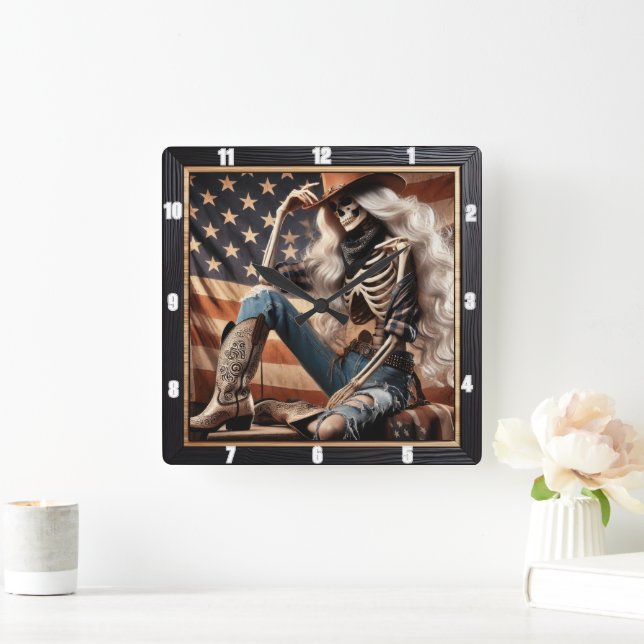 Skeleton Cowgirl Western Outfit Patriotic American Square Wall Clock (Home)