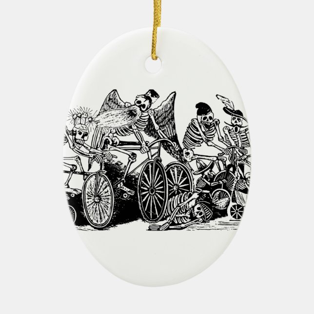 Skeleton Cyclists by José Guadalupe Posada Ceramic Tree Decoration (Front)