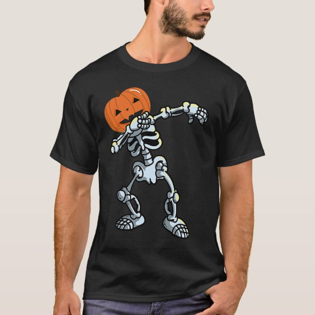Skeleton Dabbing Pose Jack O' Lantern Pumpkin Hall T-Shirt (Front)