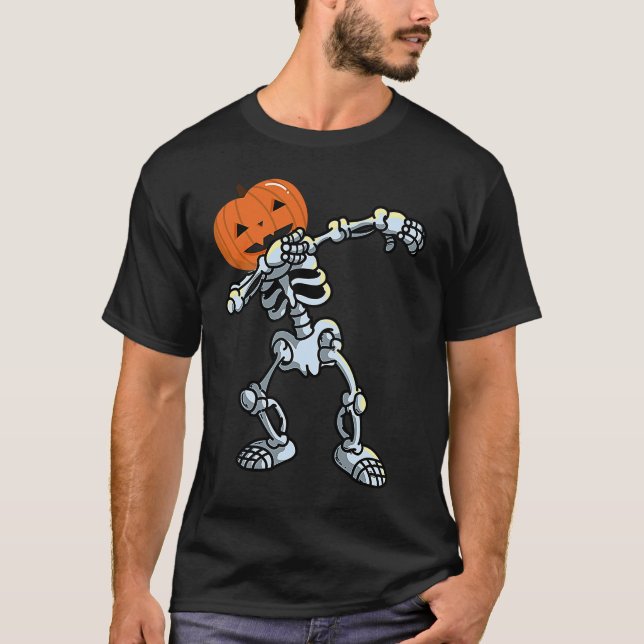 Skeleton Dabbing Pose Jack O' Lantern Pumpkin Hall T-Shirt (Front)