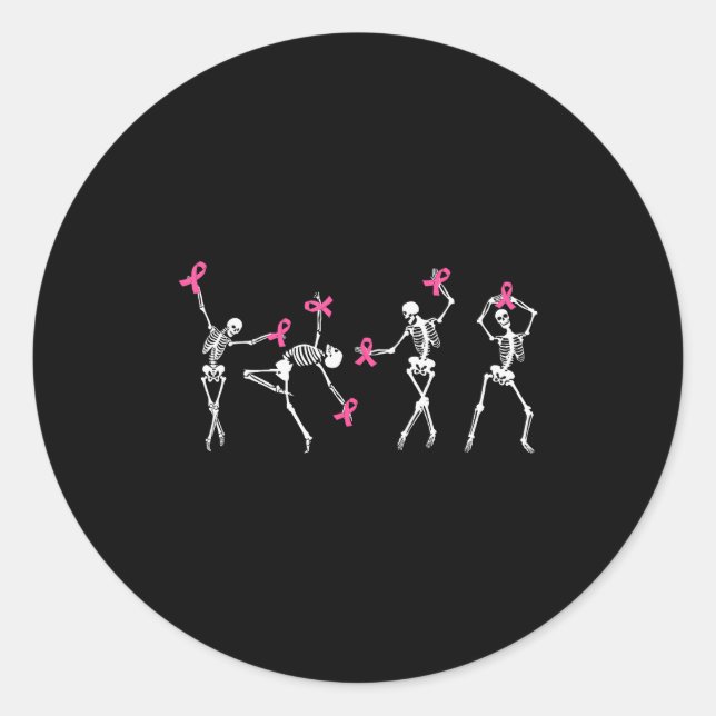 Skeleton Dancing Nk Ribbon Breast Cancer Awareness Classic Round Sticker (Front)