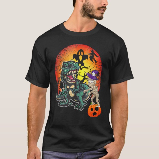 Skeleton Dinosaur rex Boys Halloween Mummy  Pumpki T-Shirt (Front)