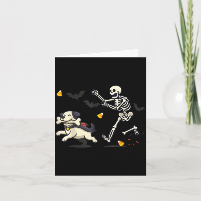 Skeleton Dog Funny Halloween Chasing Scene Card (Front)
