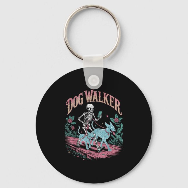 Skeleton Dog Walker With Ghost Dogs Funny Hallowee Key Ring (Front)