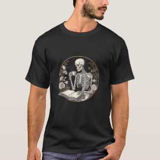 Skeleton Drink Coffee Read Book Gothic Floral Art T-Shirt