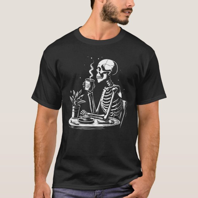 Skeleton drinking black coffee T-Shirt (Front)