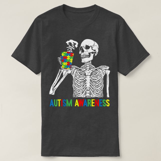 Skeleton Drinking Coffee Autism Awareness Puzzle P T-Shirt (Design Front)