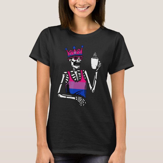 Skeleton Drinking Coffee Bisexual Flag Bisexuality T-Shirt (Front)