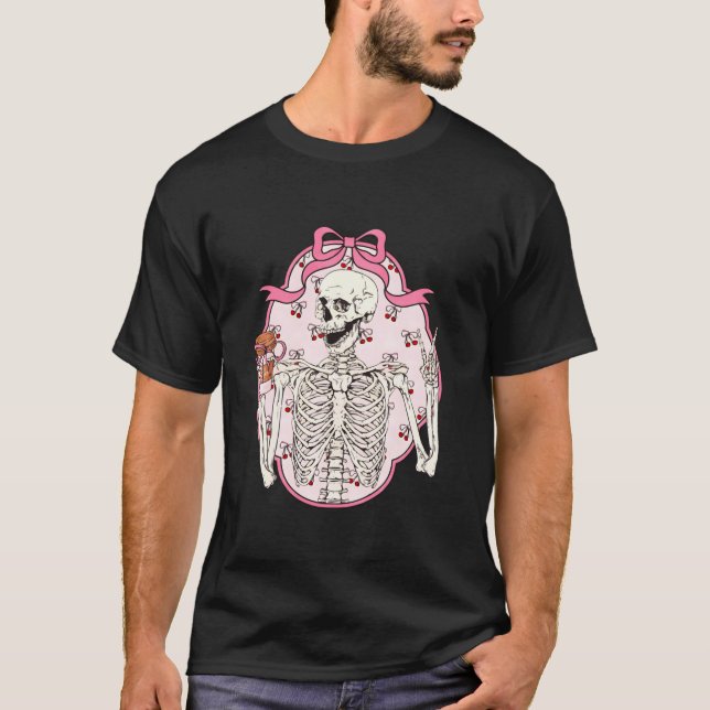 Skeleton Drinking Coffee Coquette Pink Cherry Bow  T-Shirt (Front)