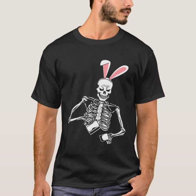 Skeleton Drinking Coffee Easter Bunny Ears Spring T-Shirt (Front)
