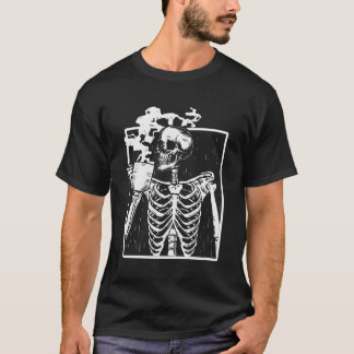 Skeleton Drinking Coffee Front White T-Shirt