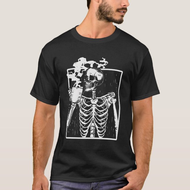 Skeleton Drinking Coffee Front White T-Shirt (Front)