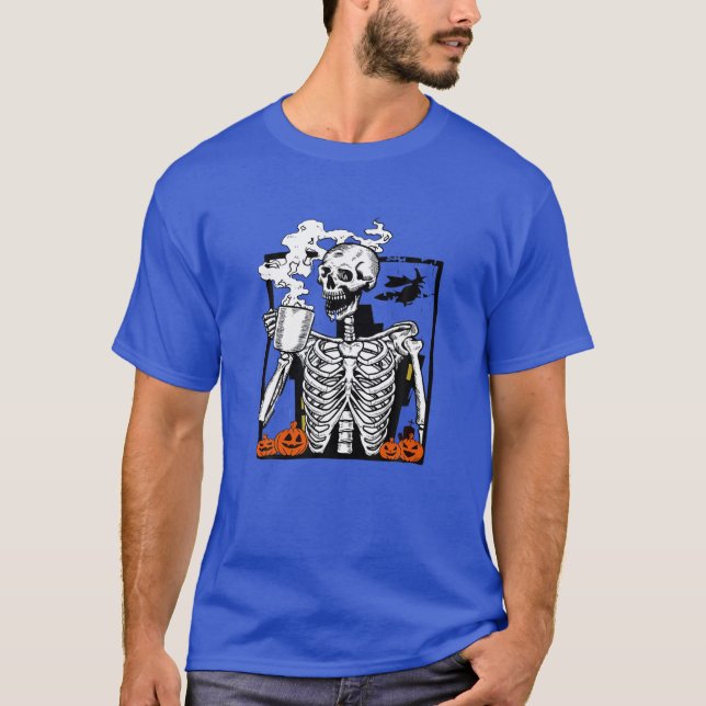 Skeleton Drinking Coffee Funny Caffeine Cool Hallo T-Shirt (Front)