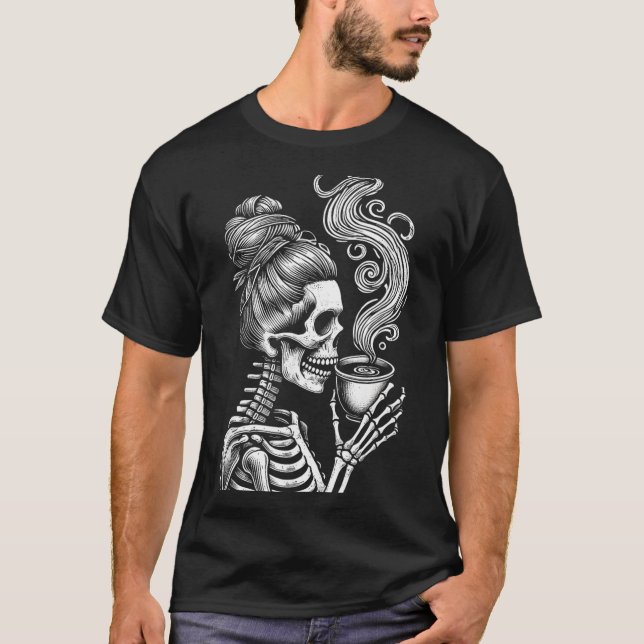 Skeleton Drinking Coffee Funny Halloween Costume T-Shirt (Front)