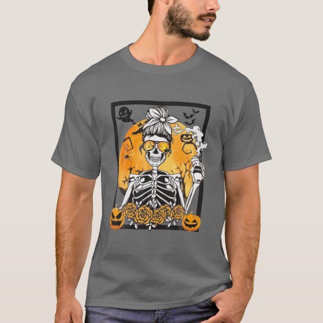 Skeleton Drinking Coffee Funny Skull Halloween Cos T-Shirt (Front)