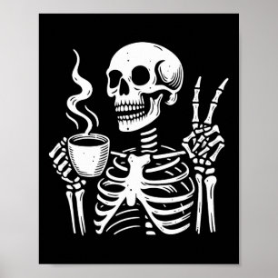 Skeleton Drinking Coffee Gothic Peace Sign Hallowe