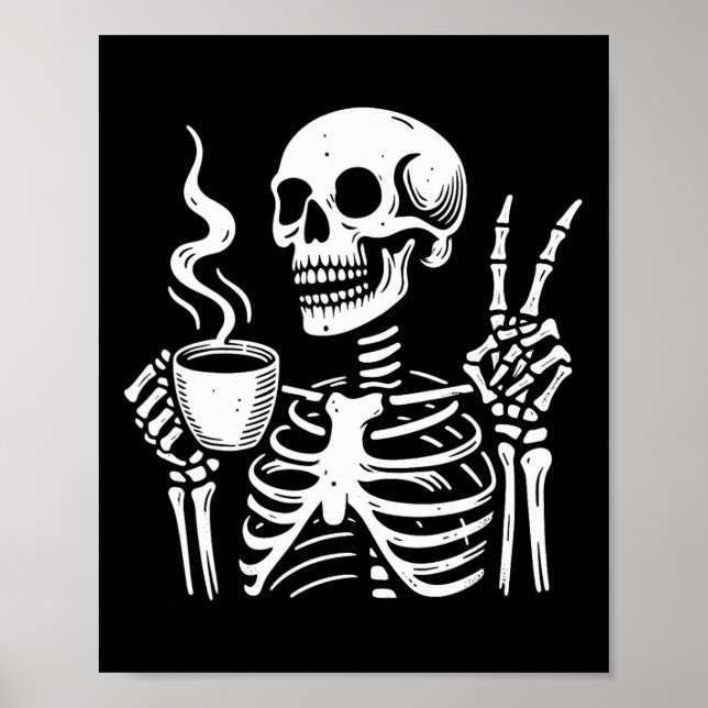 Skeleton Drinking Coffee Gothic Peace Sign Hallowe (Front)