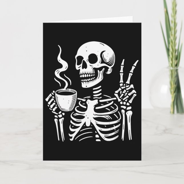 Skeleton Drinking Coffee Gothic Peace Sign Hallowe Card (Front)