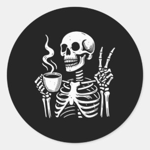 Skeleton Drinking Coffee Gothic Peace Sign Hallowe Classic Round Sticker