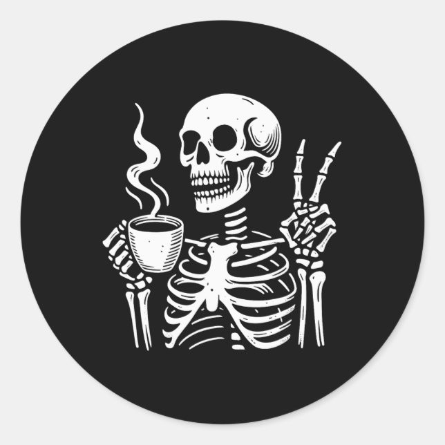 Skeleton Drinking Coffee Gothic Peace Sign Hallowe Classic Round Sticker (Front)