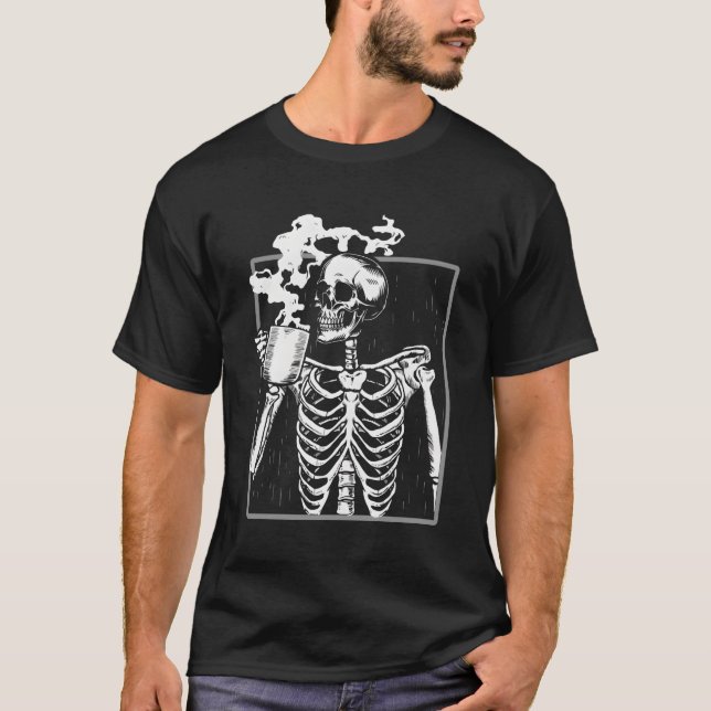 Skeleton Drinking Coffee Halloween Skull T-Shirt (Front)