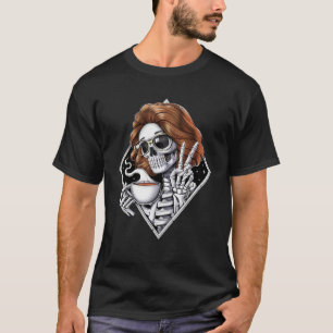 Skeleton Drinking Coffee Hippie Peace Sign Goth Co T-Shirt