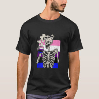 Skeleton Drinking Coffee LGBT Q Retro Genderfluid  T-Shirt