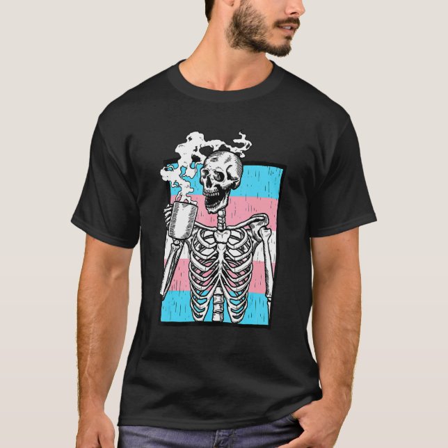 Skeleton Drinking Coffee Lgbt Q Transgender Pride  T-Shirt (Front)